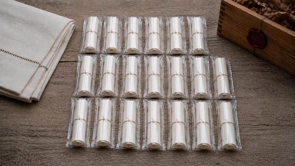 Rows of rolled kosher mezuzah scrolls sealed in protective plastic, arranged for institutional bulk shipment beside a wooden delivery box.