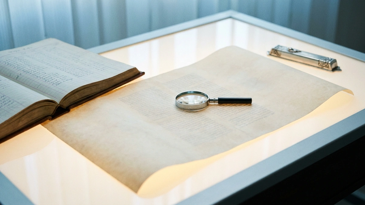 Mezuzah parchment under a magnifying loupe on a lighted inspection table beside a sofer's verification ledger, illustrating the careful checking process behind a kosher mezuzah's cost.