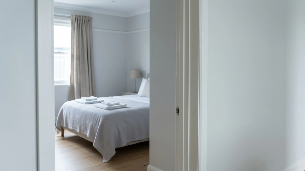 A guest bedroom with fresh towels, seen through an open doorway from the hallway side of the doorpost.