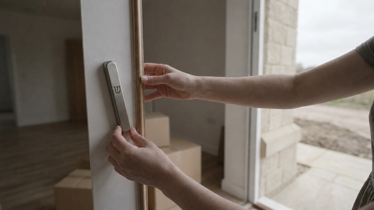 Two hands positioning a mezuzah case on the doorpost of a new home, with moving boxes in the room behind.