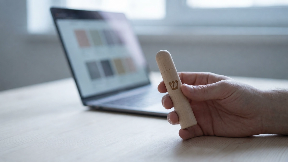 A hand holding a wooden mezuzah case at a desk, in front of a laptop showing rows of case options.