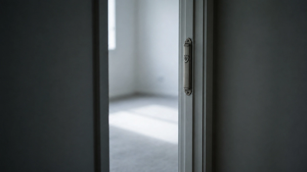 A quiet doorway in soft light, with a slender metal mezuzah case mounted on the doorpost.