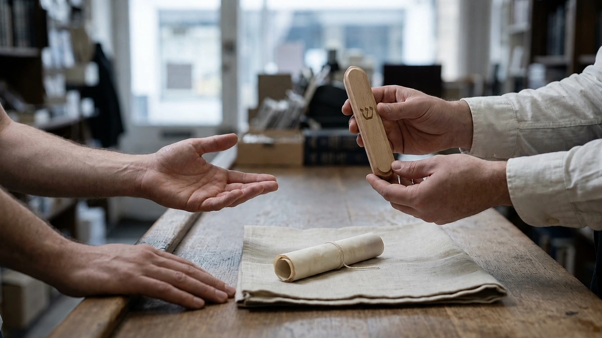 A sofer showing a wooden mezuzah case to a customer across a workshop table, a rolled scroll resting on cloth.