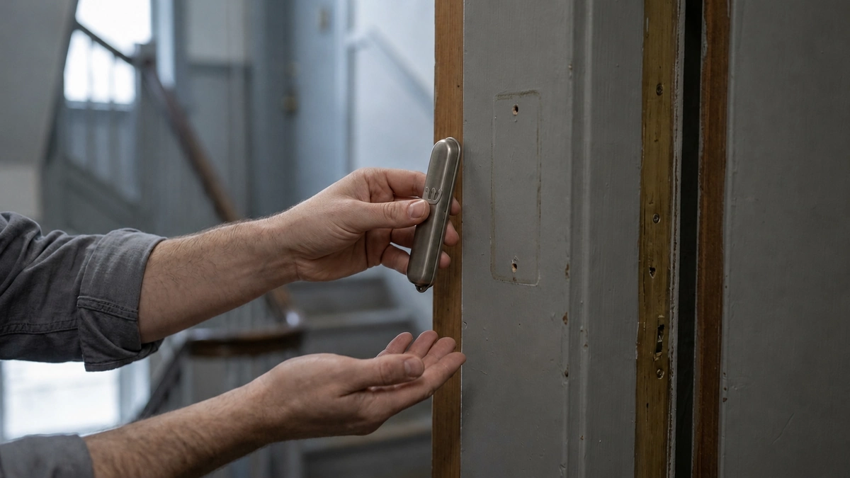 A hand holding a metal mezuzah case beside a shared stairwell doorpost, marked where a previous case was removed.