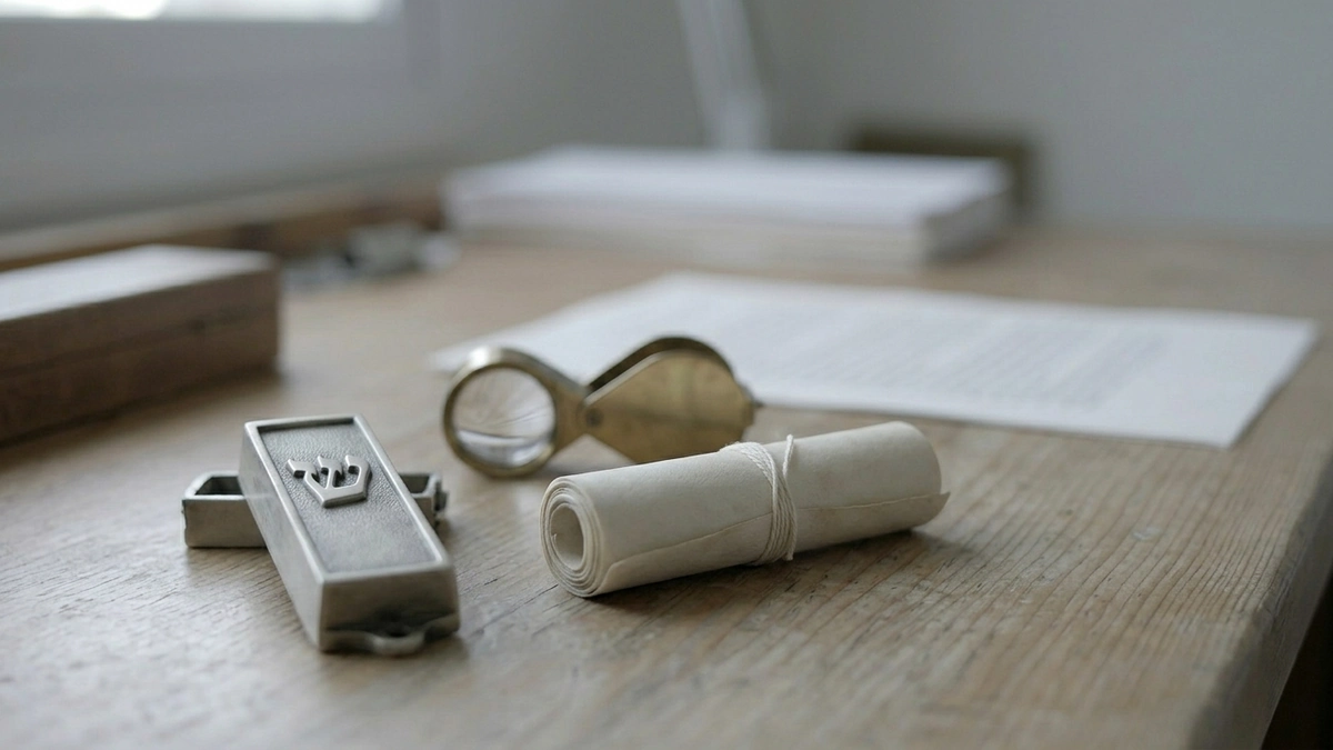 A rolled kosher mezuzah klaf bound with thread beside an open mezuzah case with a raised shin and a jeweler's loupe, with inspection paperwork on a wooden desk.