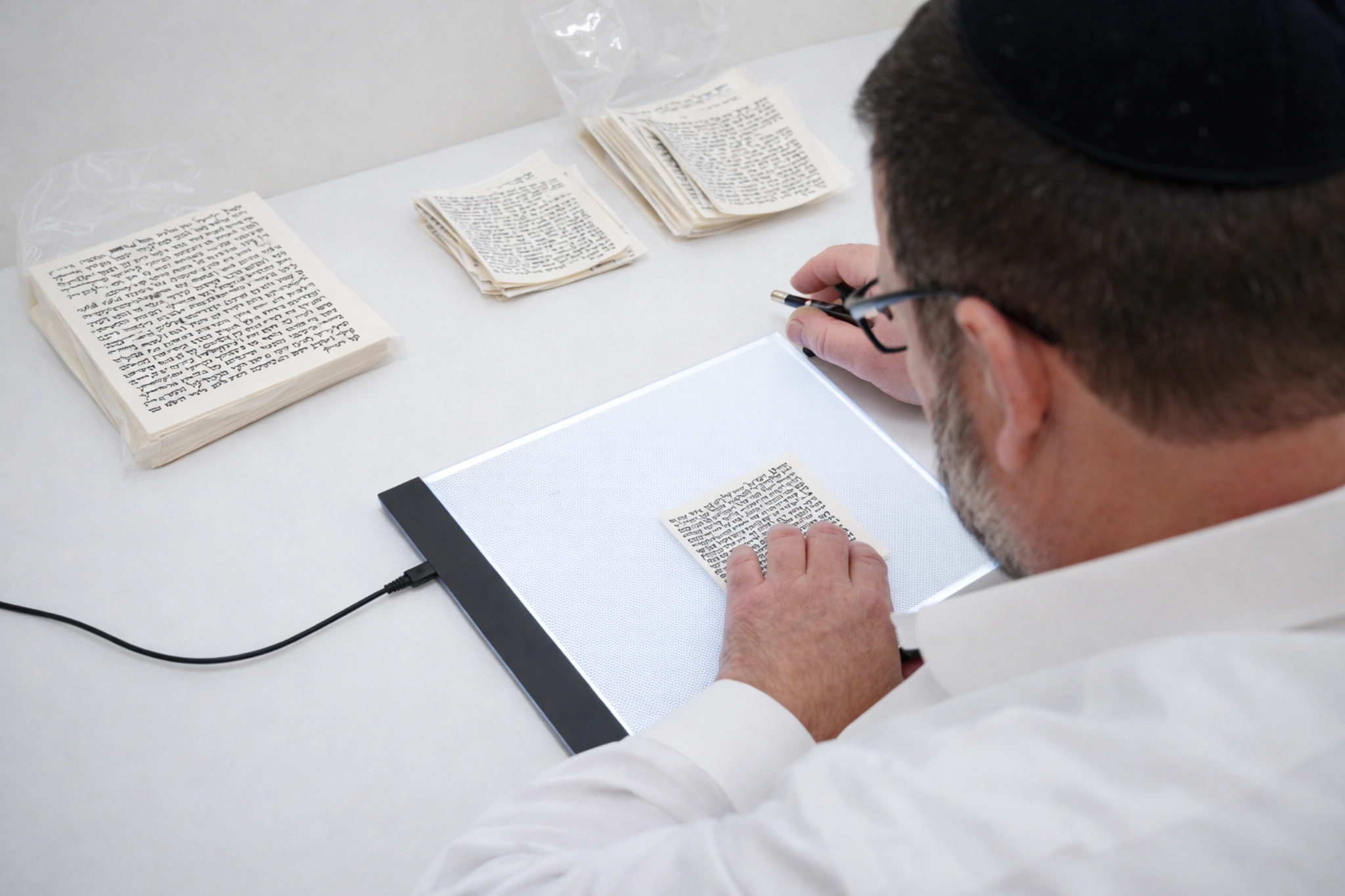Sofer examining a handwritten mezuzah scroll on a light table as part of the checking and inspection process