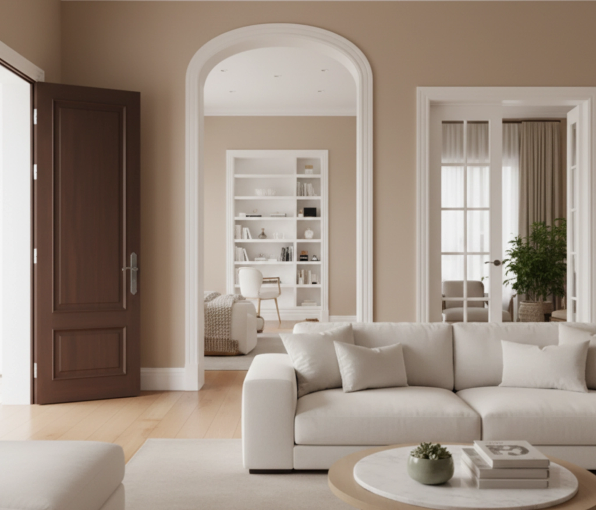 A bright living room with multiple arched doorways, each doorpost fitted with a mezuzah