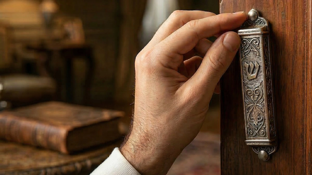 A hand touching an ornate silver mezuzah case on a wooden doorpost, with an old book in the background
