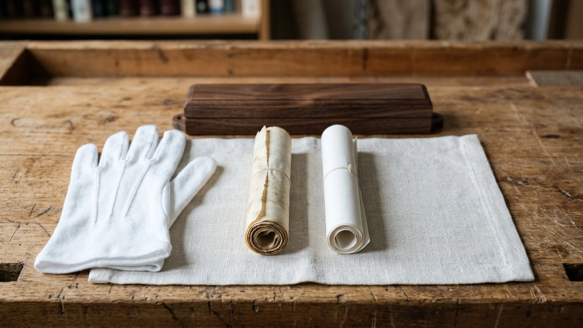White cotton gloves, a rolled mezuzah scroll and a wooden case laid out on linen on a workbench