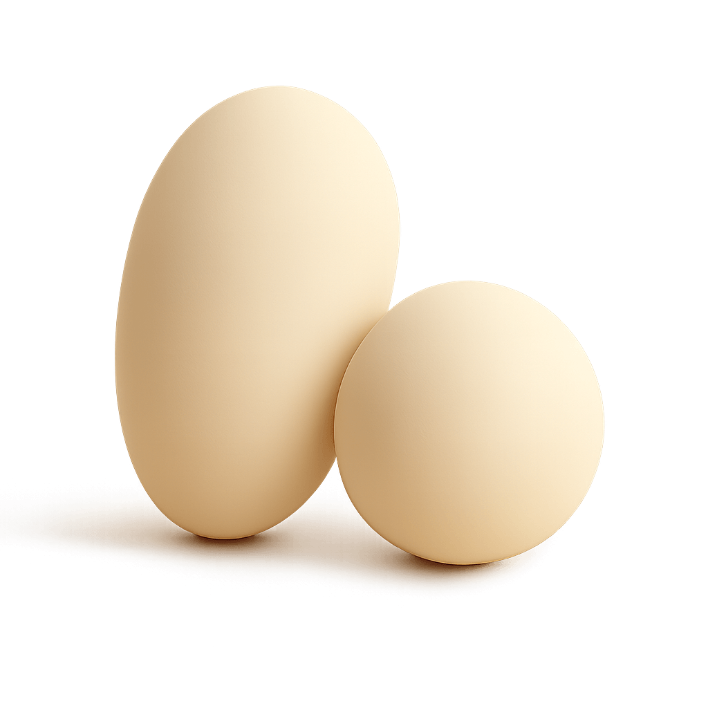 Two beige eggs, one standing upright and the other resting on its side, casting soft shadows.