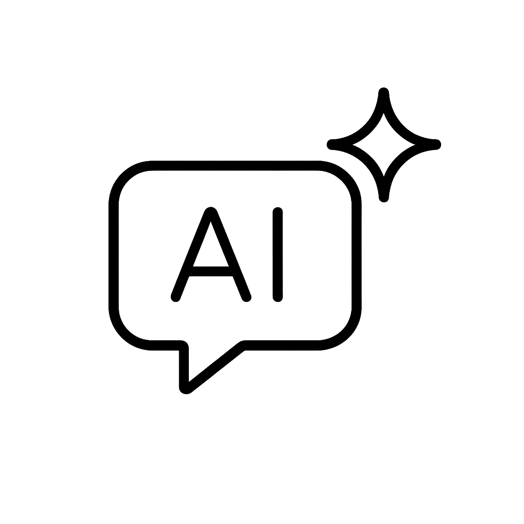 Chat bubble with letters 'AI' and a sparkle icon on a gray gradient background.