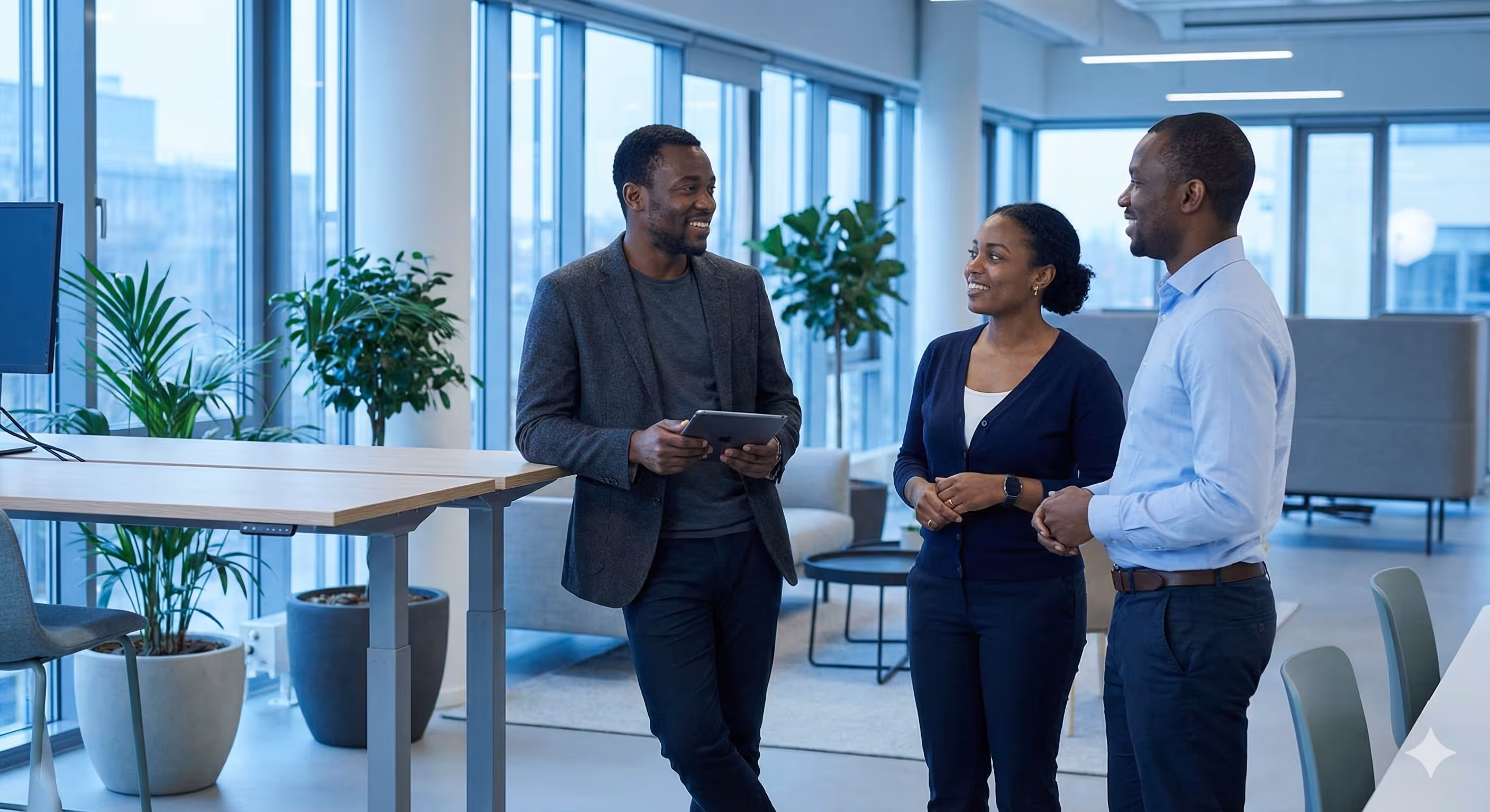 Three coworkers standing and smiling while having a conversation in a modern office with large windows and plants.