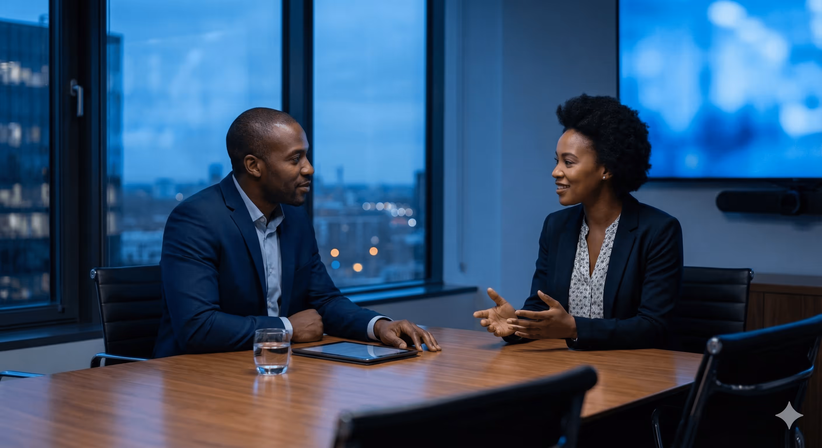 Two business professionals in suits having a discussion at a conference table in an office with city view windows.