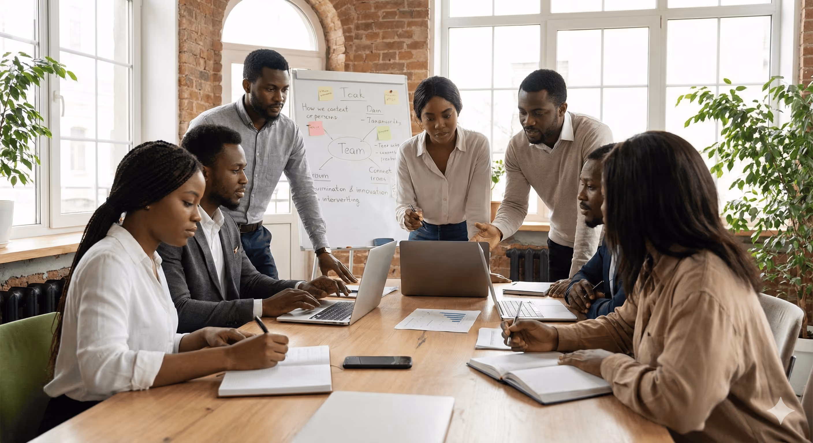 A diverse team of six people collaborating around a conference table with laptops, notebooks, and a flipchart in a bright office.