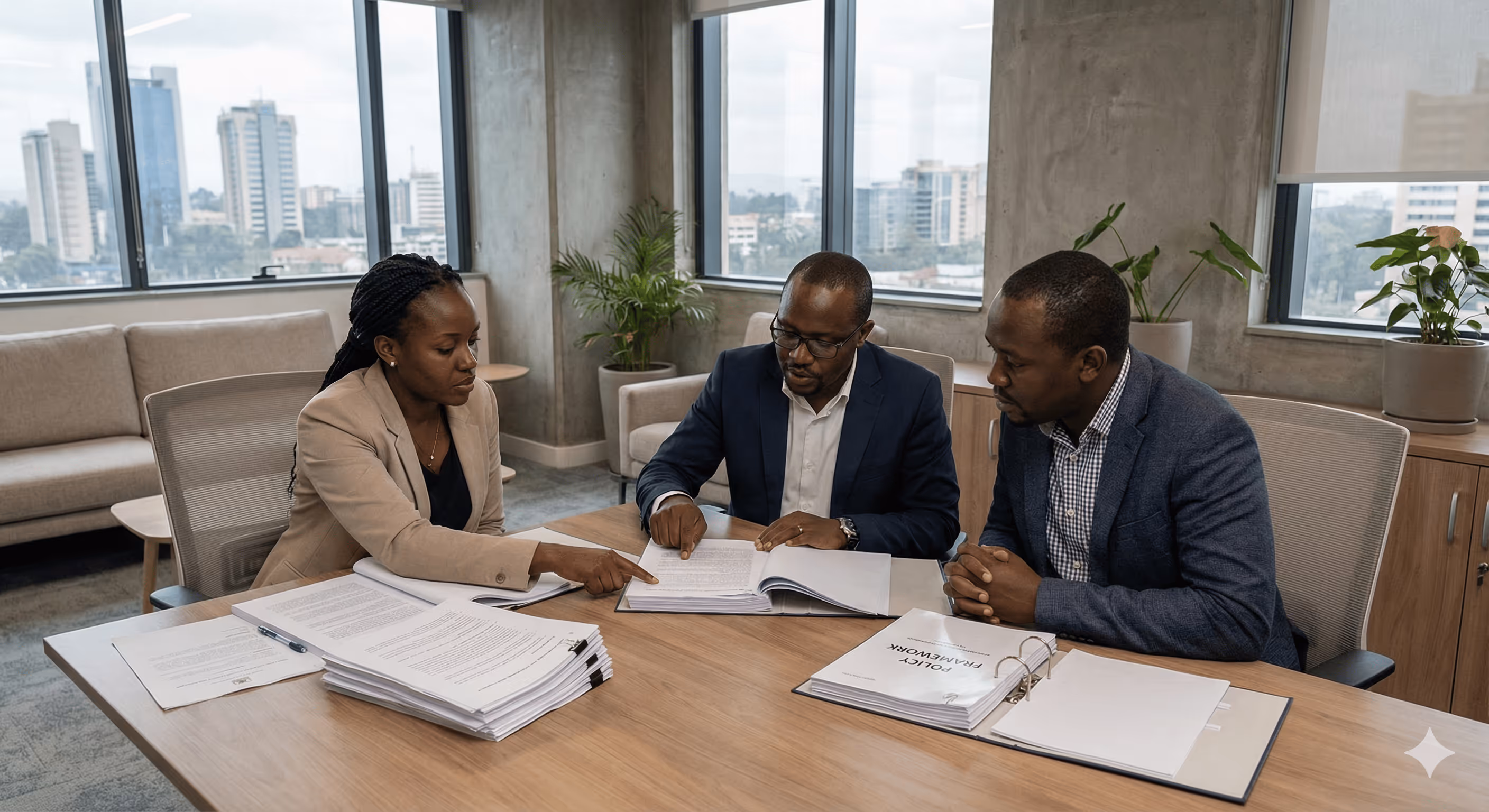 Three professionals sitting at a conference table discussing documents in a modern office with city views.