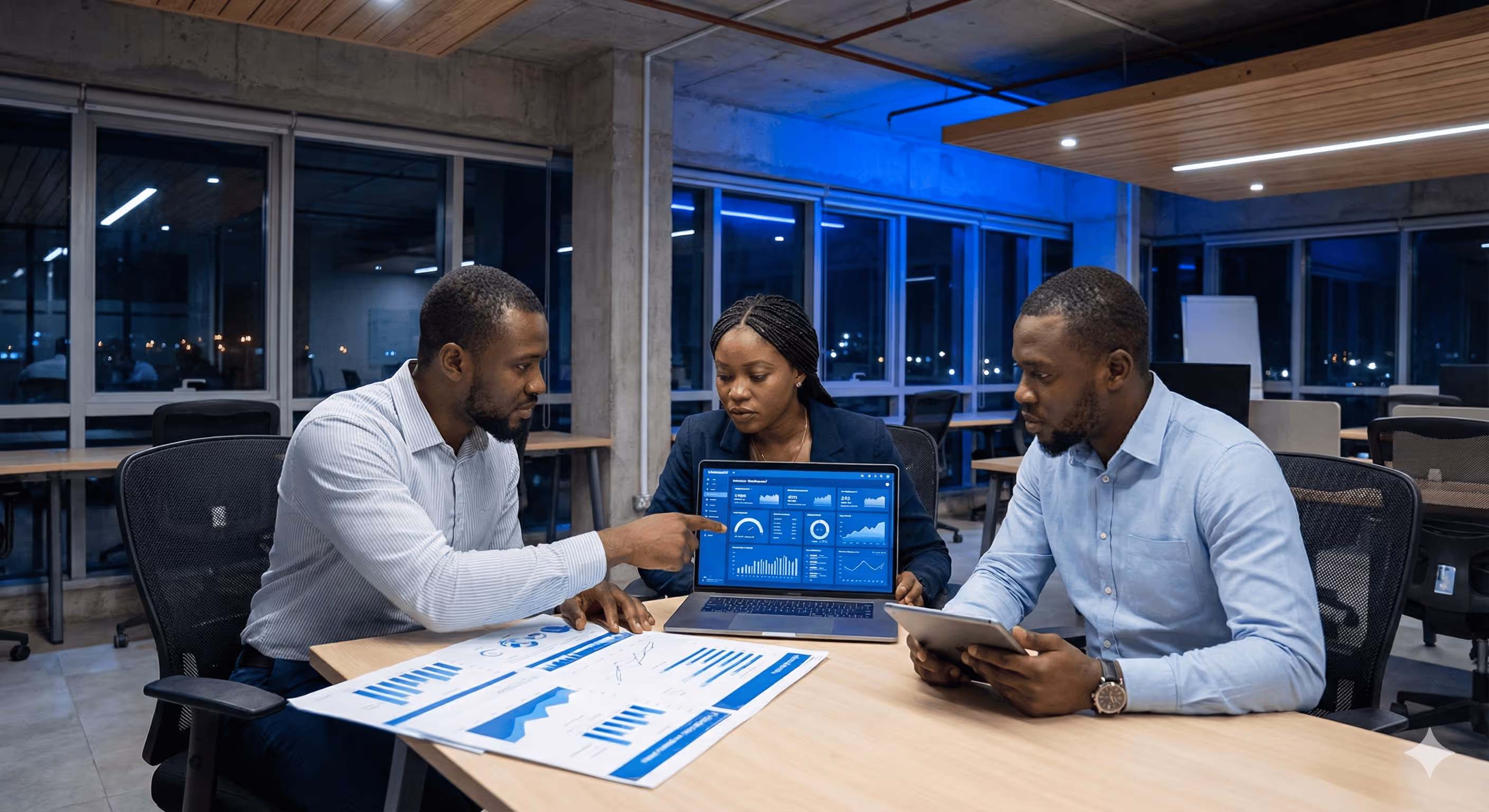 Three professionals discussing data charts and a laptop screen with graphs in a modern office at night.