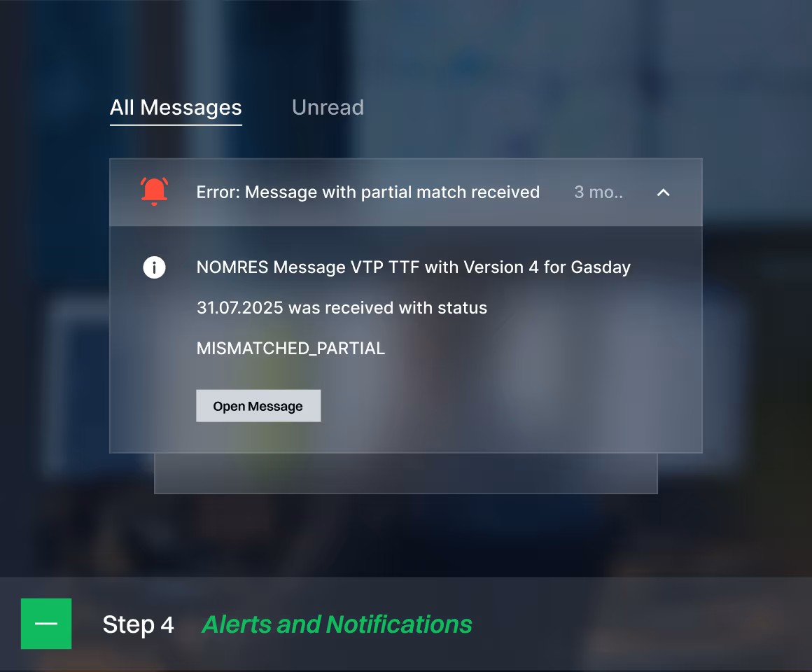 Screen showing an error notification: 'Message with partial match received' and details about a NOMRES Message VTP TTF for Gasday 31.07.2025 with status MISMATCHED_PARTIAL, including an 'Open Message' button.