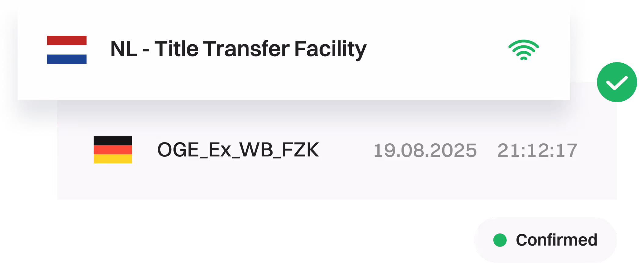 User interface showing 'NL - Title Transfer Facility' with a French flag icon, Wi-Fi symbol, and a message with a French flag, identifier OGE_Ex_WB_FZK, date 19.08.2025, time 21:12:17, and a 'Received' status with a green dot.