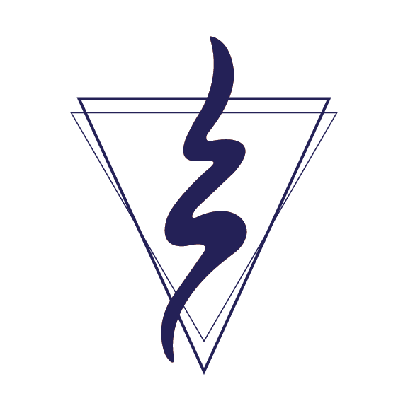 Navy blue lightning bolt symbol over two overlapping navy blue outlined triangles on white background.