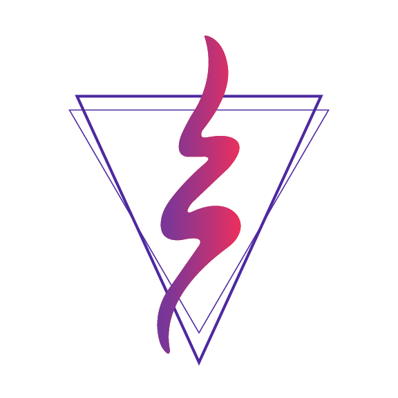 Purple outline of two overlapping downward triangles with a pink and purple gradient wavy line vertically centered inside.
