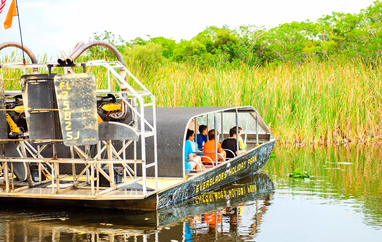 Airboat captain explains the sawgrass to guest on the Everglades tour.
