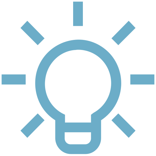 Blue light bulb icon with rays radiating outward, symbolizing an idea or innovation.