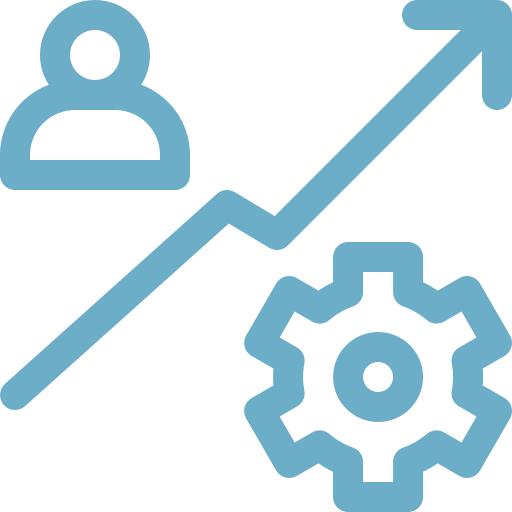 Blue icon showing a user silhouette, an upward trending arrow, and a gear symbolizing personal growth and productivity.