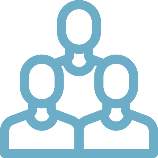 Blue icon of three faceless people representing a group or team.