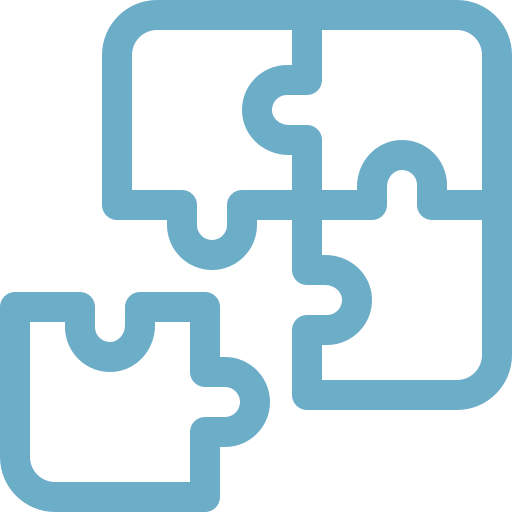 Four light blue connected jigsaw puzzle pieces with one piece slightly separated.