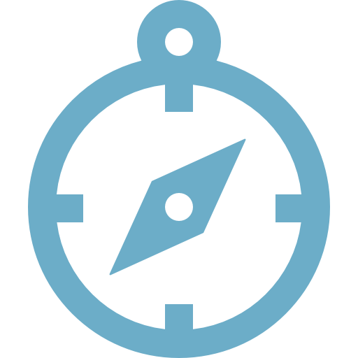 Blue compass icon with a circular shape and a needle pointing northeast.