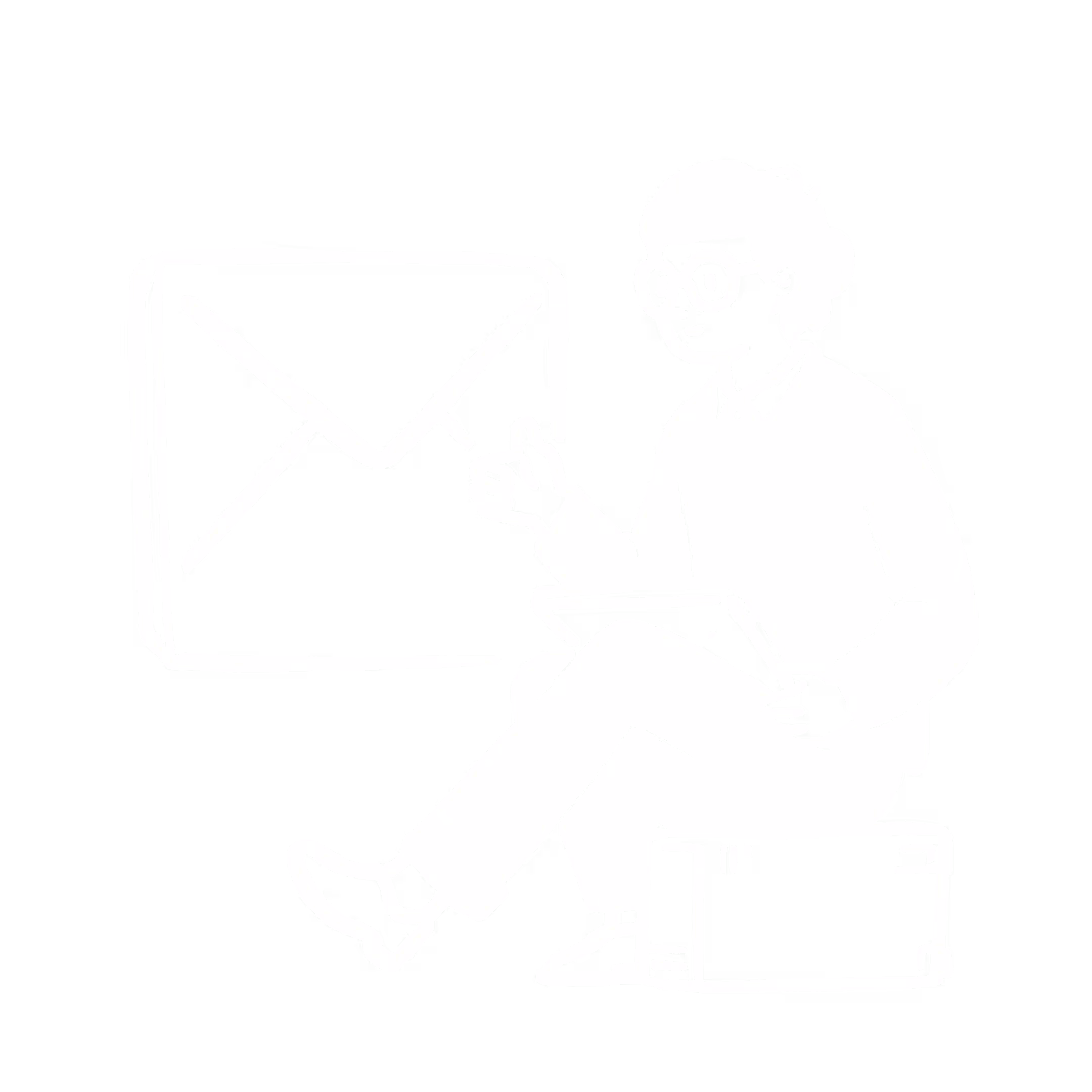 An illustration of a man sitting on a desktop computer pointing at an image of an email icon with documents in his lap