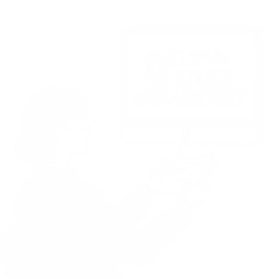An illustration of a woman, holding documents sitting in front of a computer with the words "Customer relations management" on the screen