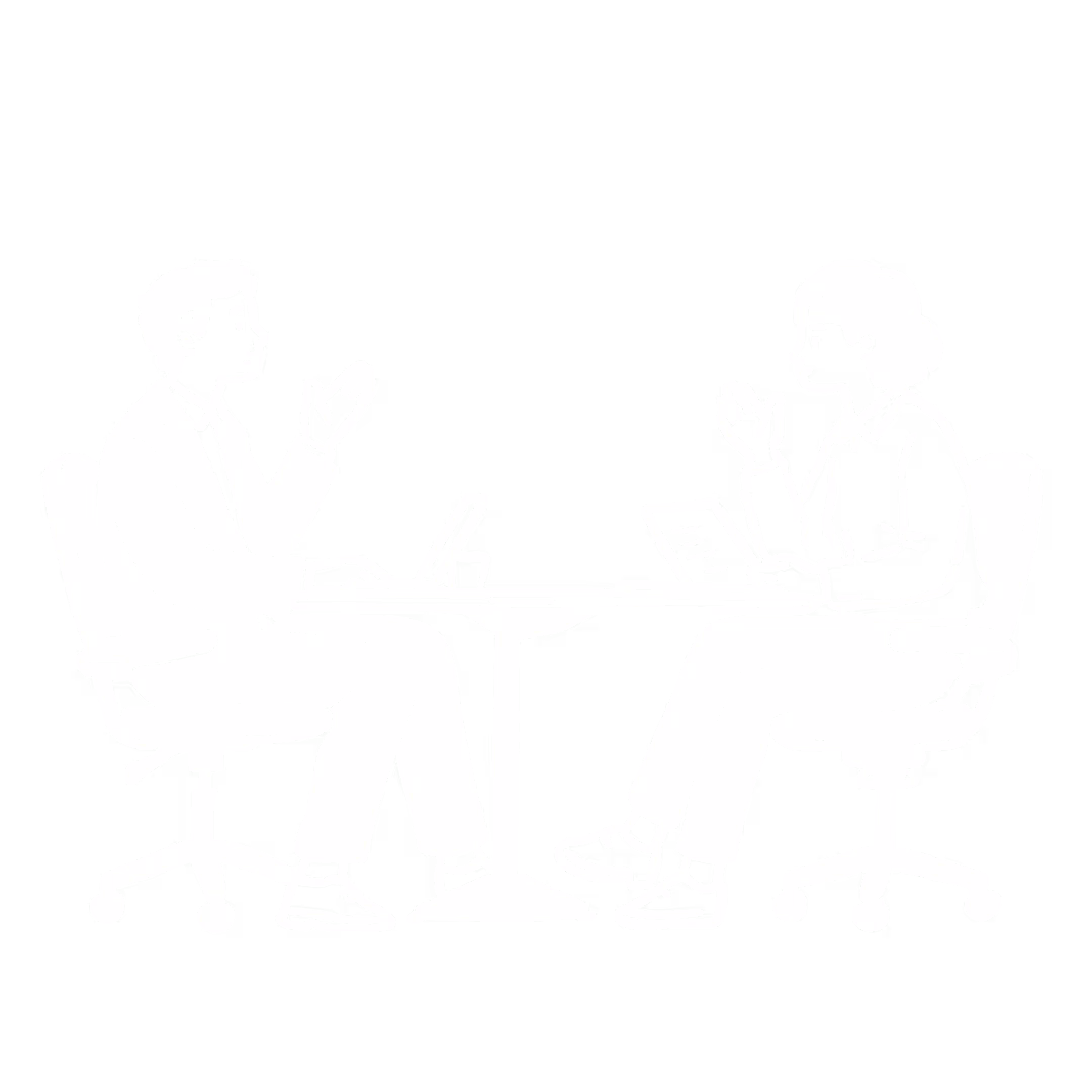An illustration of two people talking at a desk