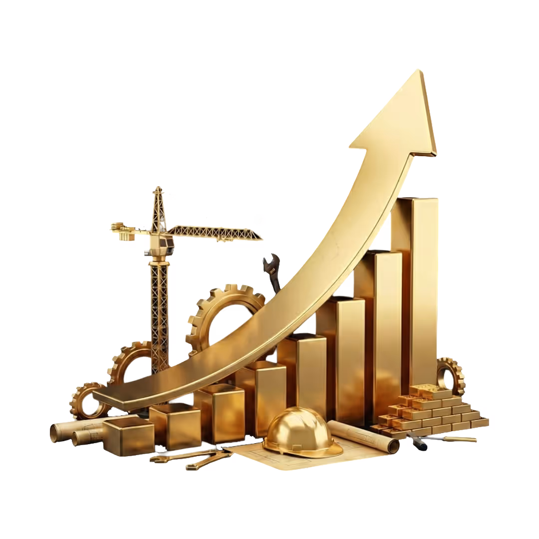 A image of a golden graph going up with an arrow running along it in the same direction with a crane and gears in the background