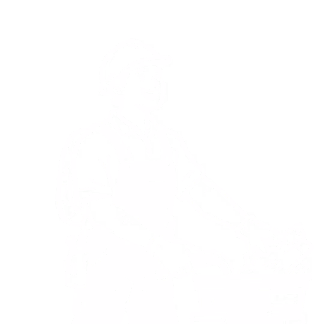 An illustration of a construction worker holding a bag of tools looking up happily