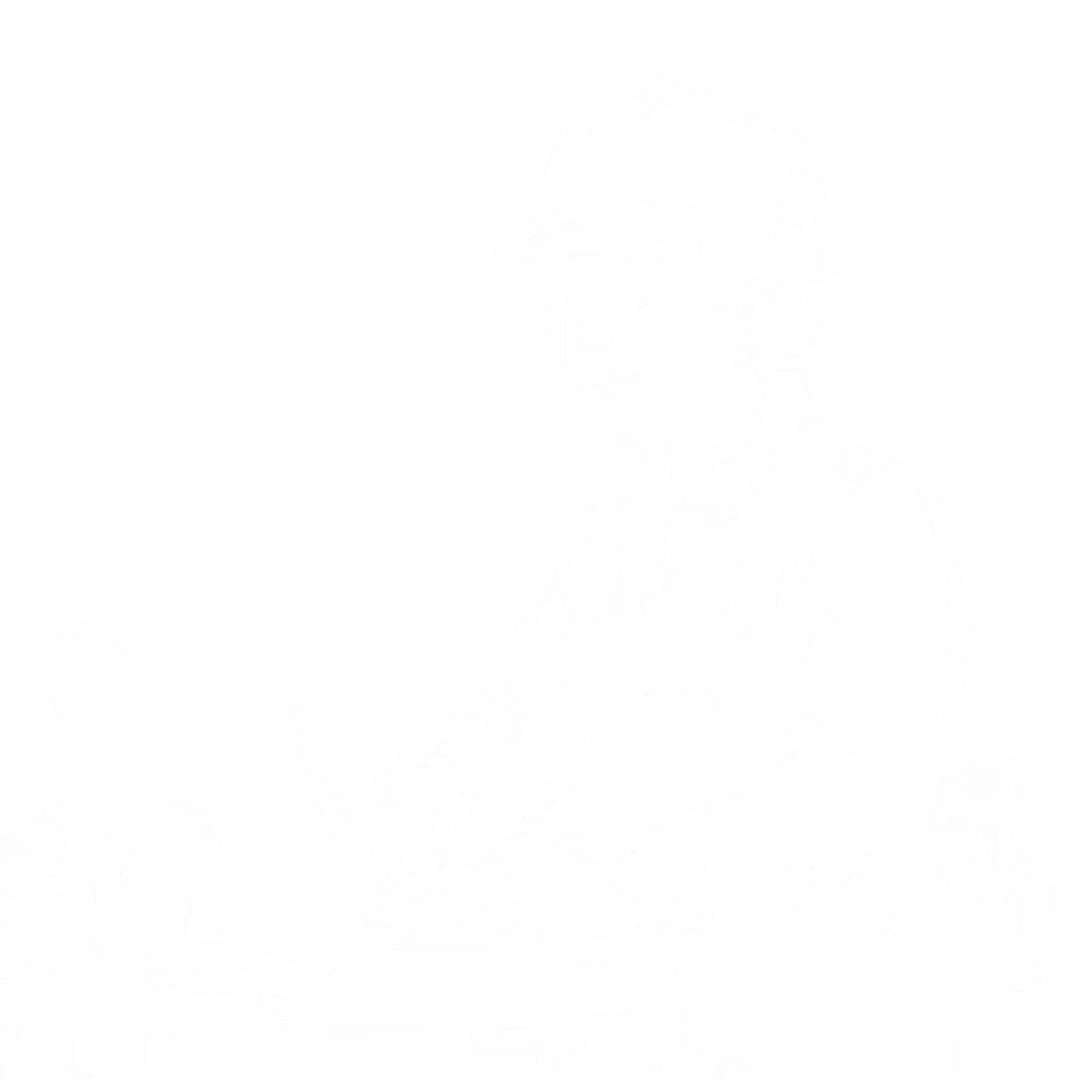 An illustration of a construction worker on a computer looking happy