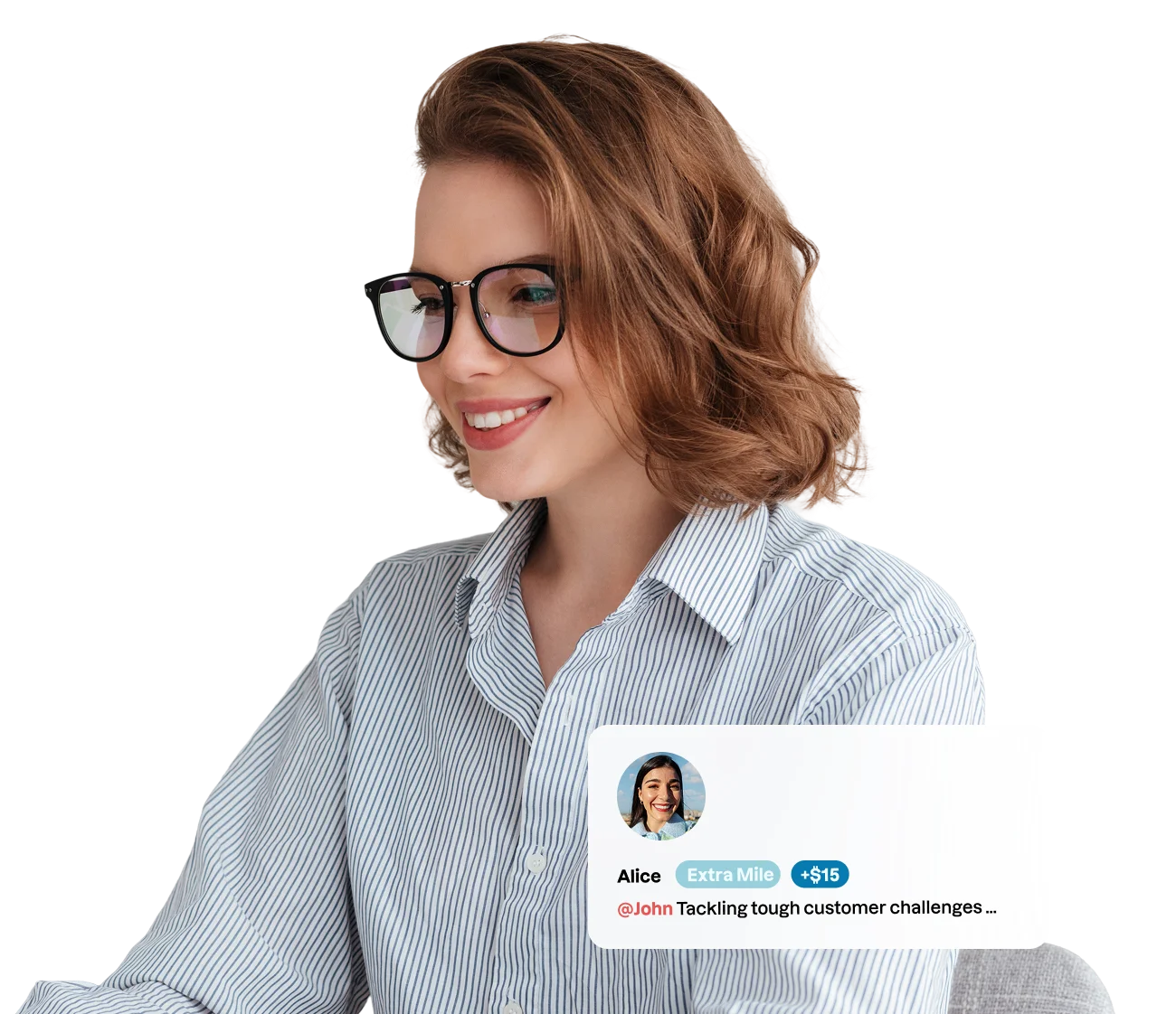 Woman with short wavy hair looking at a digital display showing a circular chart labeled Account funding with spent and unspent sections.