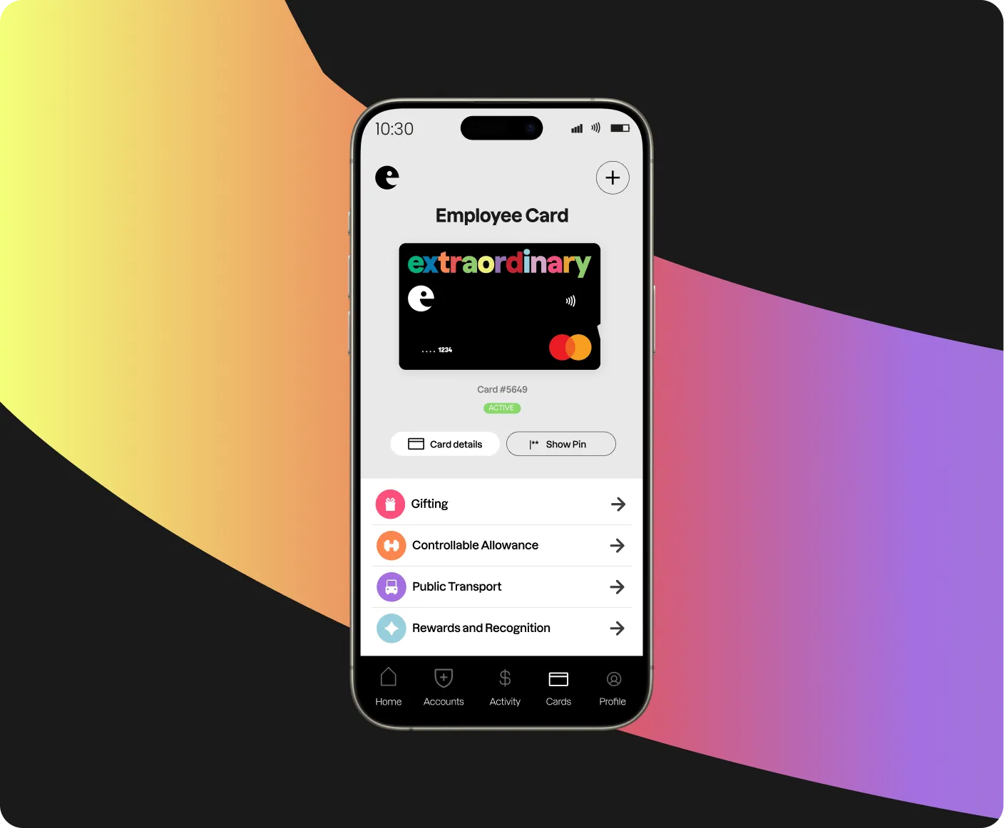 Smartphone screen showing an employee app with an extraordinary Mastercard employee card and menu options for gifting, controllable allowance, public transport, and rewards and recognition.