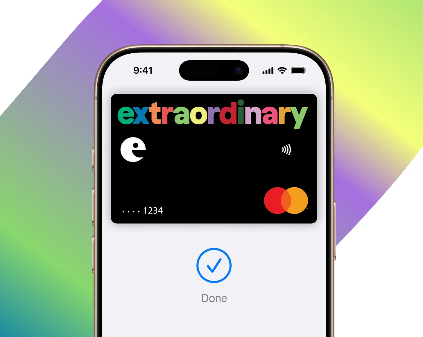 Smartphone screen displaying a black Mastercard with the word 'extraordinary' in colorful letters and the word 'Done' with a blue checkmark below.