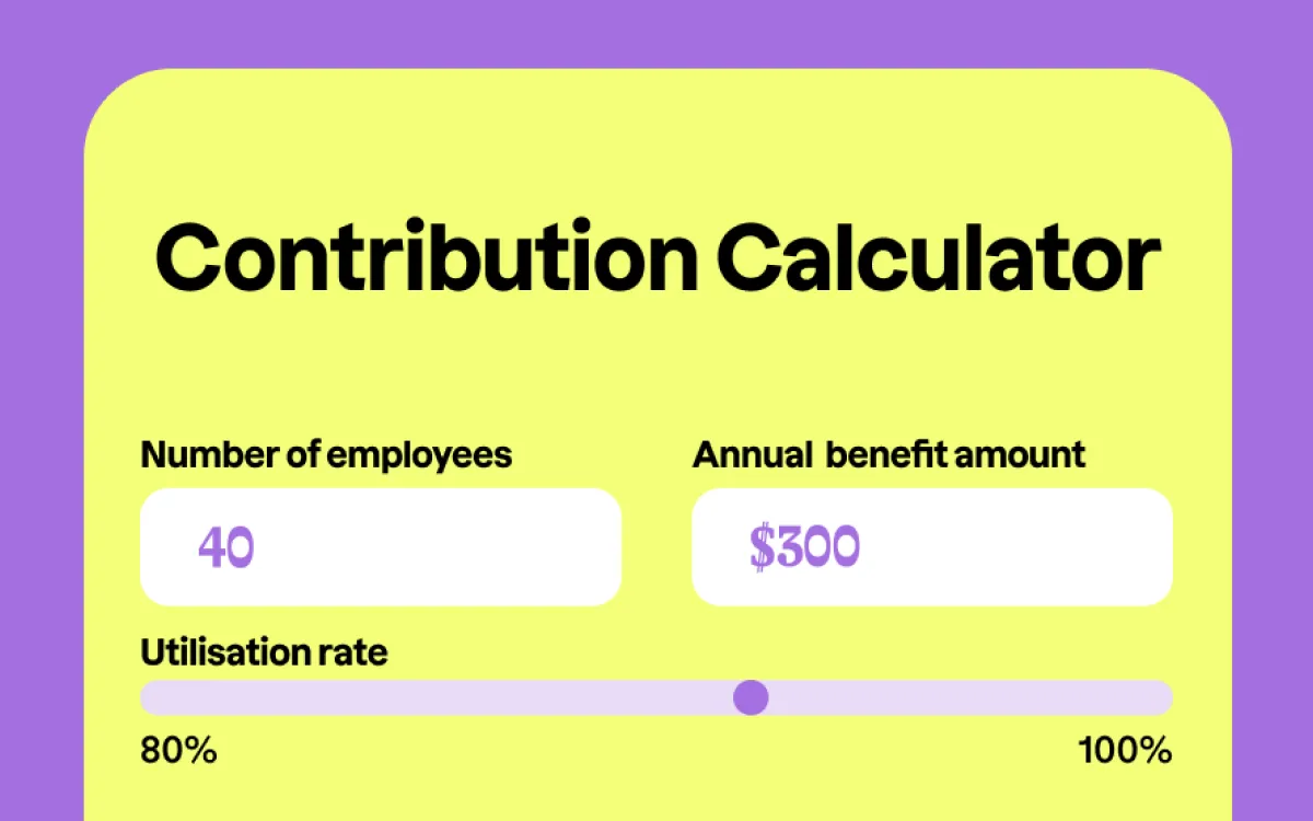 Contribution Calculator showing 40 employees, $300 annual benefit amount, and utilization rate slider set near 90%.