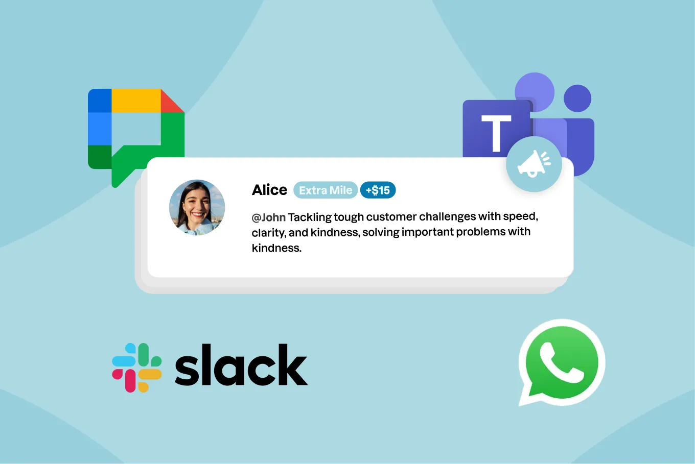 Alice's message saying '@John Tackling tough customer challenges with speed, clarity, and kindness, solving important problems with kindness.' with badges 'Extra Mile' and '+$15', surrounded by Google Chat, Microsoft Teams, Slack, and WhatsApp logos.