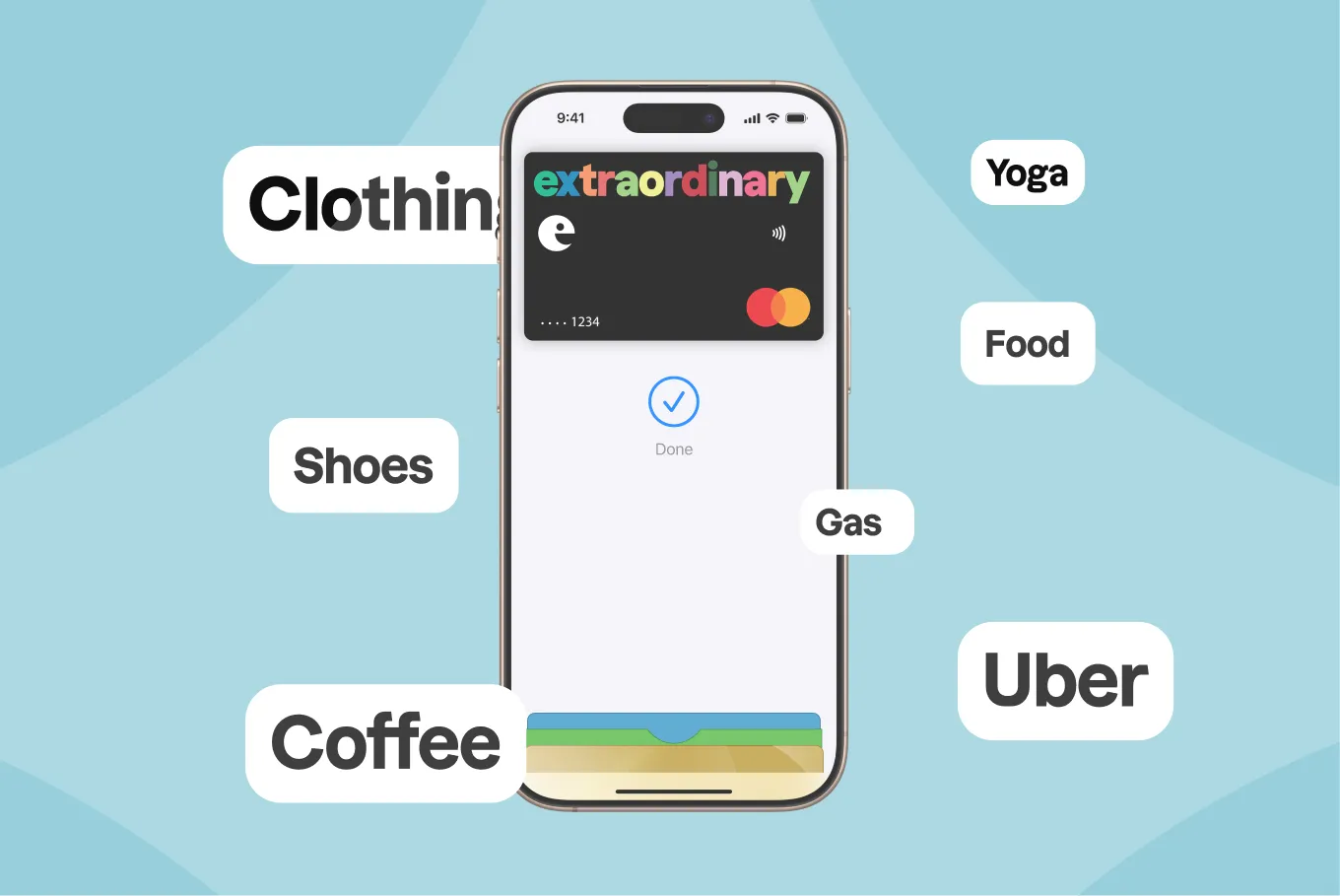 Smartphone displaying a digital card labeled extraordinary with a completed payment confirmation and floating words coffee, parking, cafe, pilates, choice, and Uber around it.