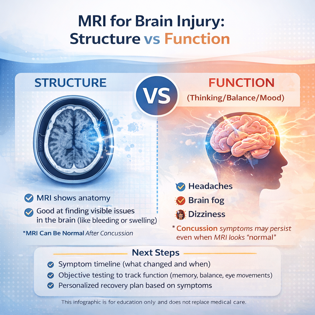 Infographic explaining that MRI shows brain structure, while concussion symptoms often reflect brain function and may occur even when MRI is normal.
