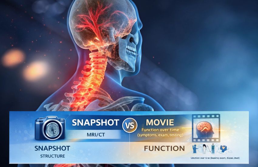 A transparent blue anatomical model of a human torso shows a glowing red spine and brain, suggesting pain or inflammation.