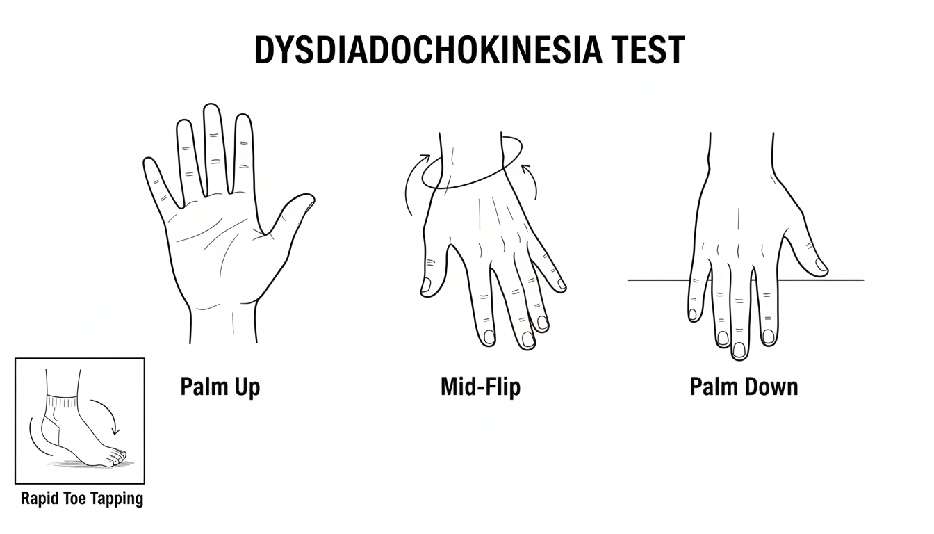 3-frame illustration of the hand-flip test. How Clinicians Check It: Fast palm-up/palm-down hand flips. Rapid toe tapping or alternating foot movements show in a small box in the left lower corner.