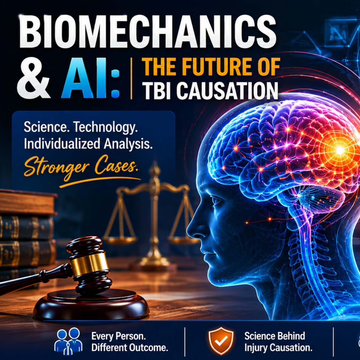 Illustration showing a brain injury causation analysis concept with a glowing brain, vehicle collision, biomechanics visualization, legal scales, medical records, and artificial intelligence tools used to evaluate traumatic brain injury cases