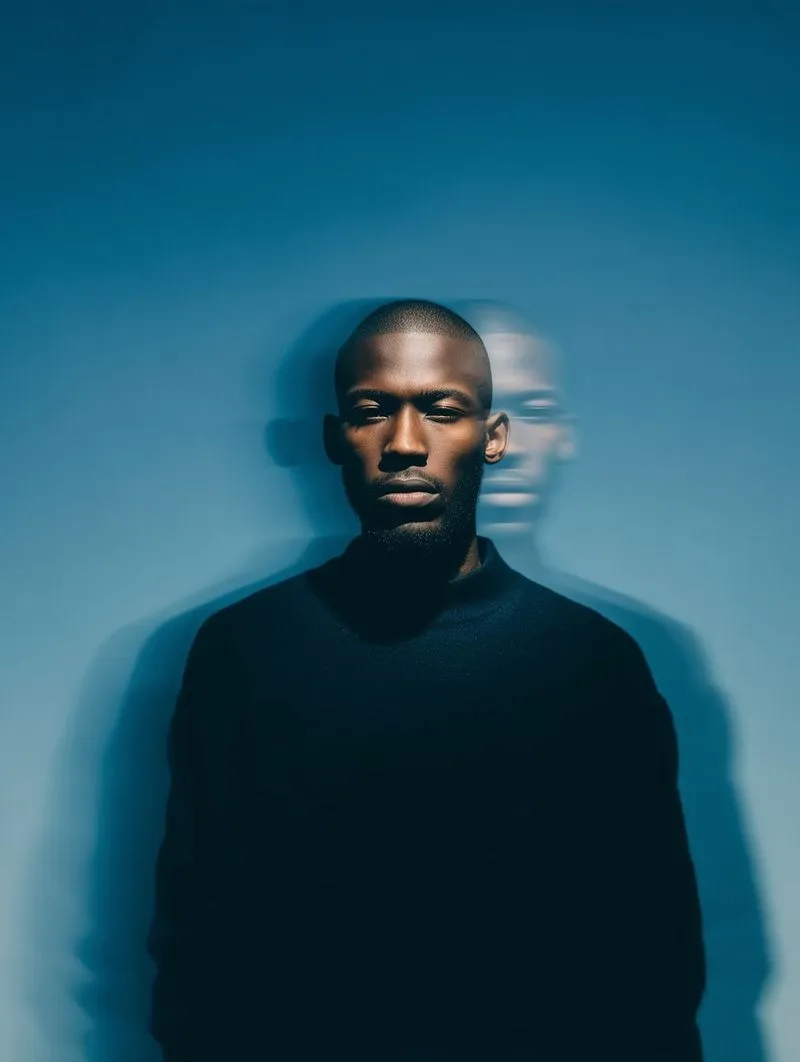 A man standing in front of a blue wall.