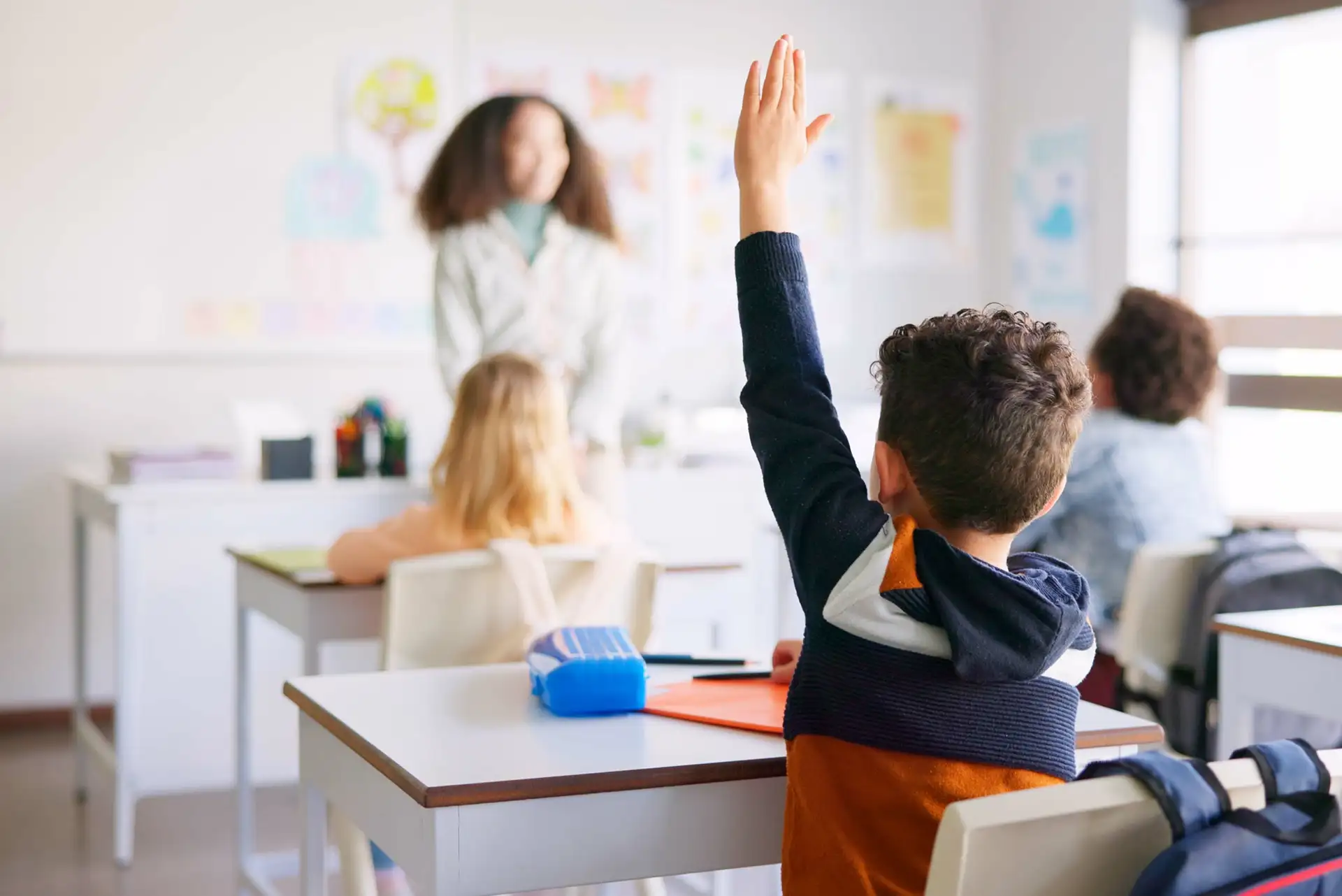 A young boy raising his hand in class