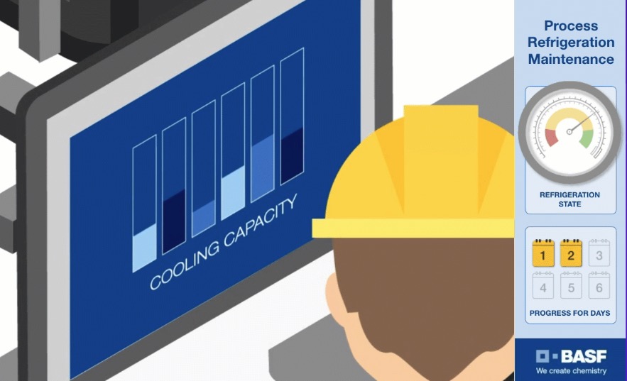 Still from the BASF process refrigeration maintenance simulation showing a technician reading cooling capacity