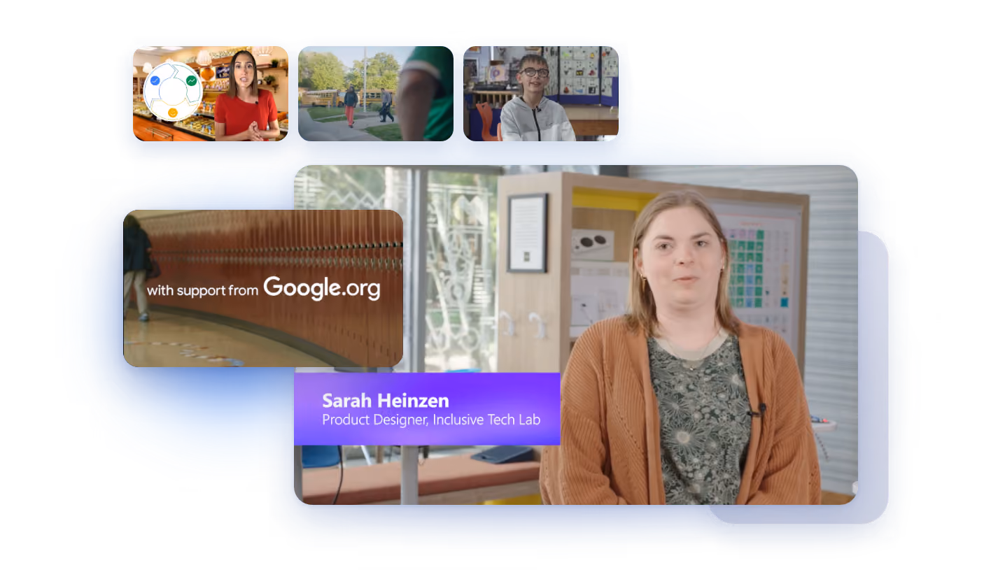 Stills from 10x learning videos: an interview with Sarah Heinzen, Product Designer at Inclusive Tech Lab, beside an animated explainer frame and three video thumbnails.
